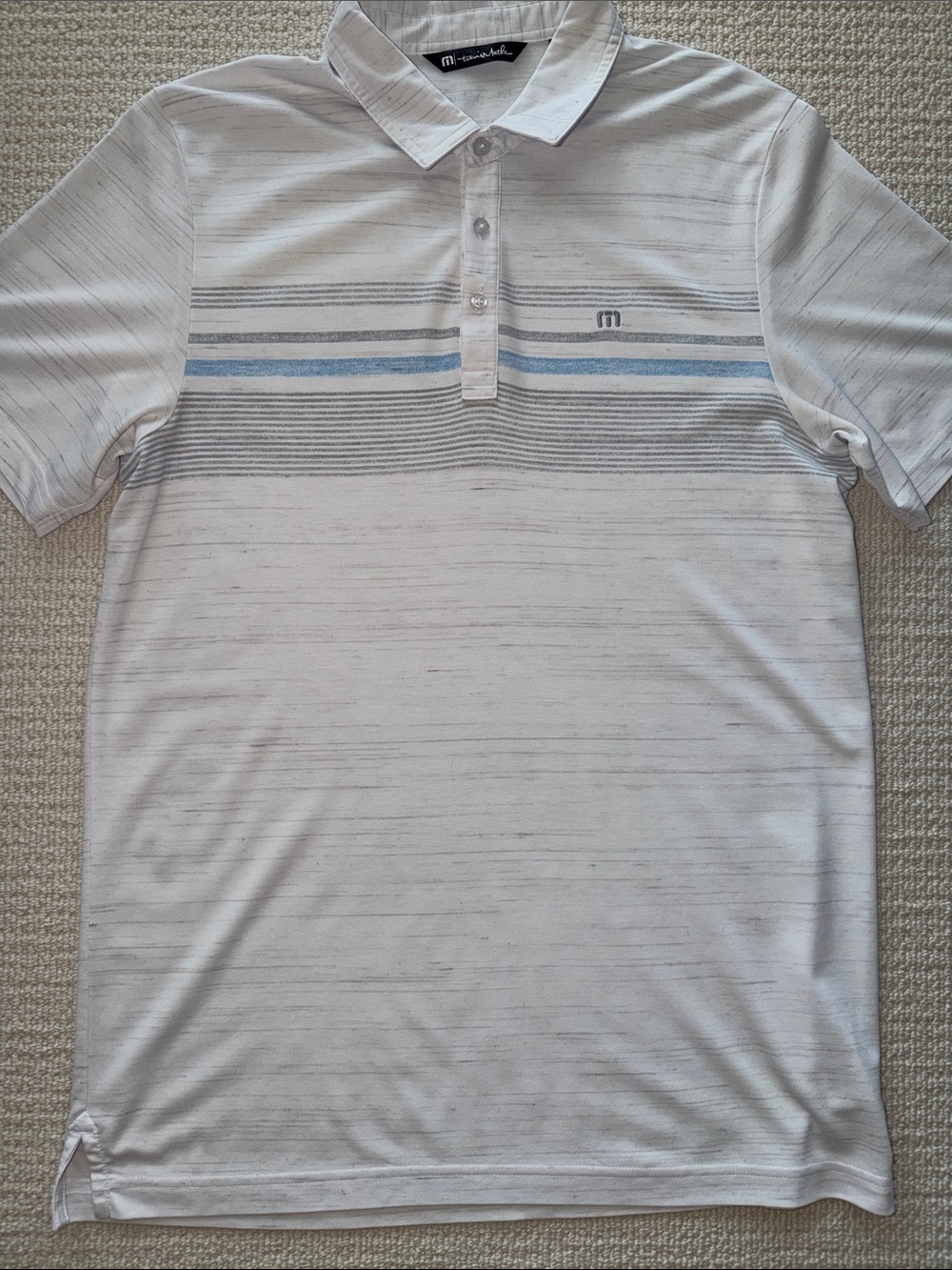 Travis Mathew White Polo with Blue and Gray Stripes